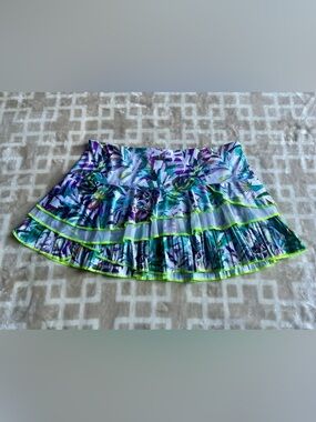 Lucky in Love Tropical Floral Ruffle Mini Skirt in Teal, Purple & Neon Green